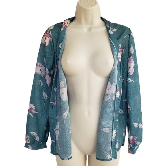 Vintage 70s/80s sheer Sparkly green floral v-neck blouse shirt - Picture 7 of 8